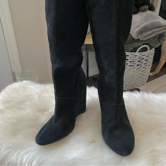 House of Harlow Black Suede Wedge Knee High Boots - Picture 5 of 13